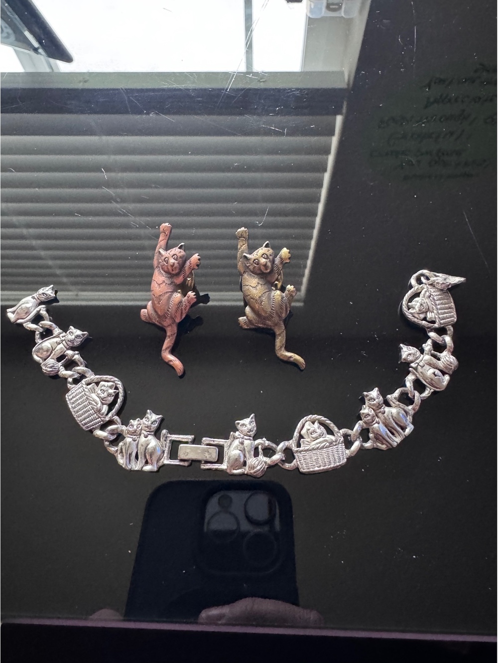 Cat Jewelry Lot 2 Figural Pins + Broken Cat Bracelet Silver Tone Craft Repair